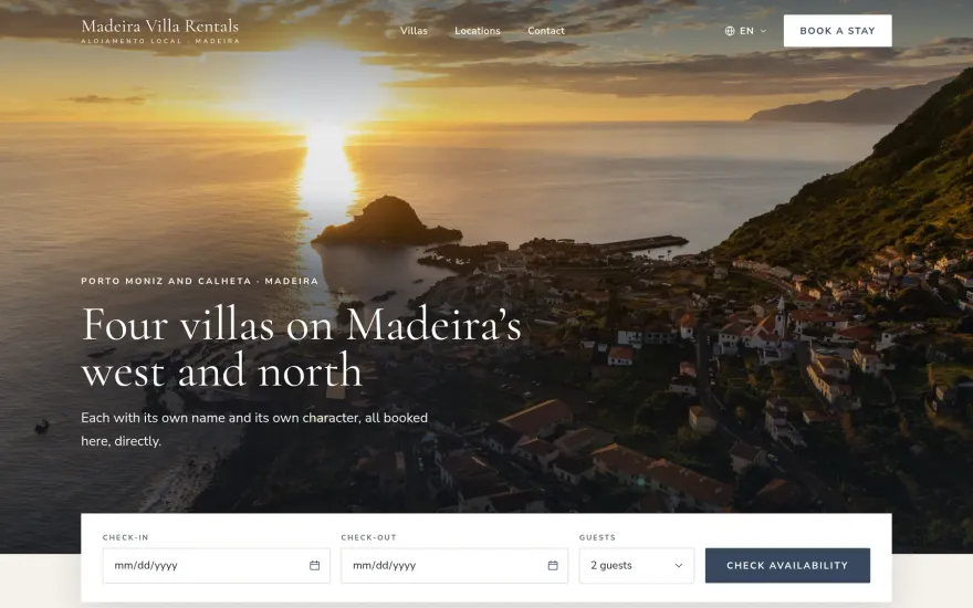 Madeira Villa Rentals website, on desktop
