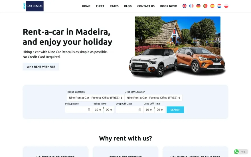 Nine Rent-a-Car website, on desktop