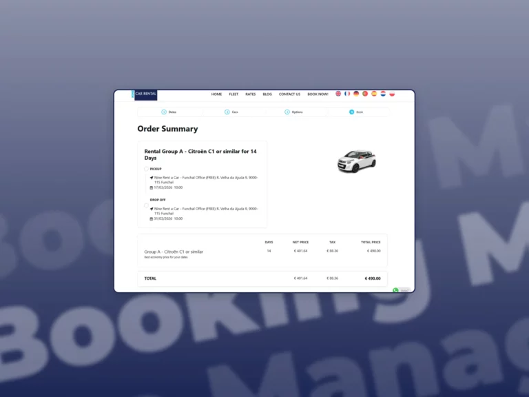 A booking management system that was integrated on the ninerentacarmadeira website in a blue gradient background.