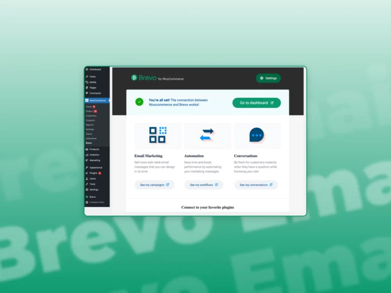 A screenshot of Brevo Email Marketing and Newsletter Integration in Wordpress with a green gradient in the background