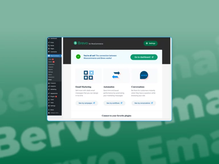 A screenshot of Brevo section in Wordpress with a green fradient in the background.