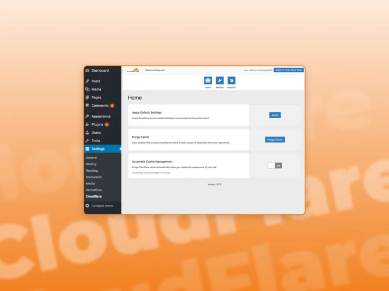 A screenshot of Cloudflare Performance and Security Integration in Wordpress with a orange gradient in the background