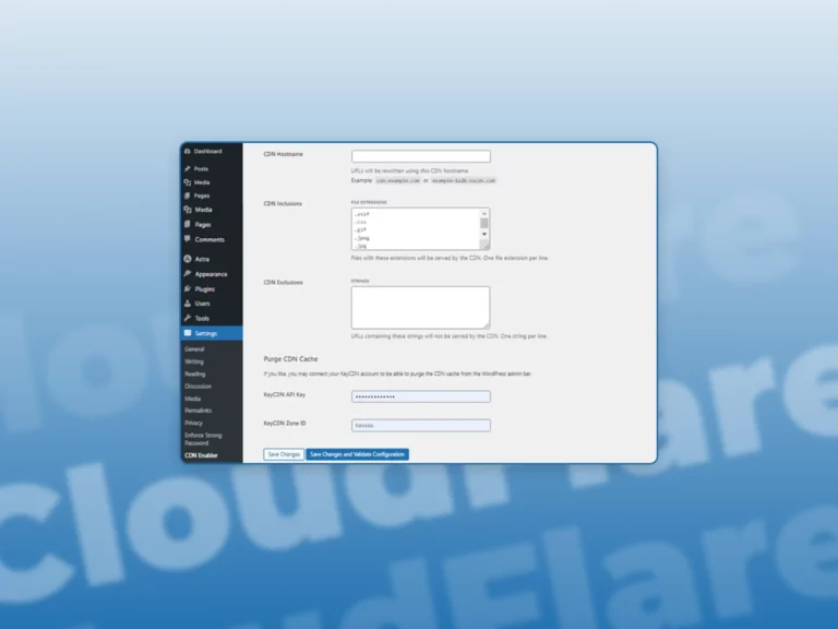A screenshot of Content Delivery Network (CDN) Integration in Wordpress with a blue gradient in the background.
