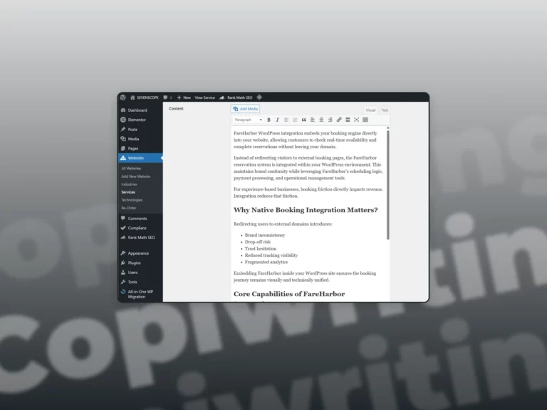 A screenshot of Conversion-Focused Copywriting content in Wordpress with a grey gradient in the background.