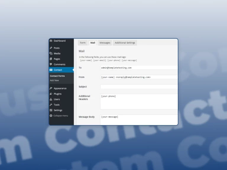 A screenshot of a custom contact form in Wordpress with a blue gradient in the background.