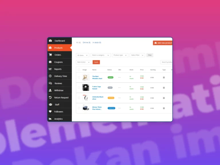 A screenshot of a Dokan Multi-Vendor Marketplace Implementation in the Wordpress with a purple and pink gradient in the background.