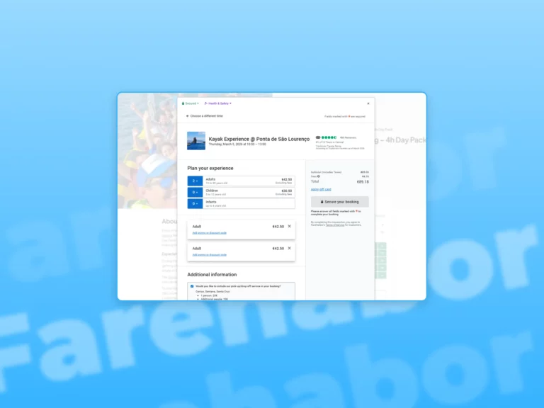 A screenshot of fareharbor being used on the booking system of EversoulMadeira website in a blue gradient background