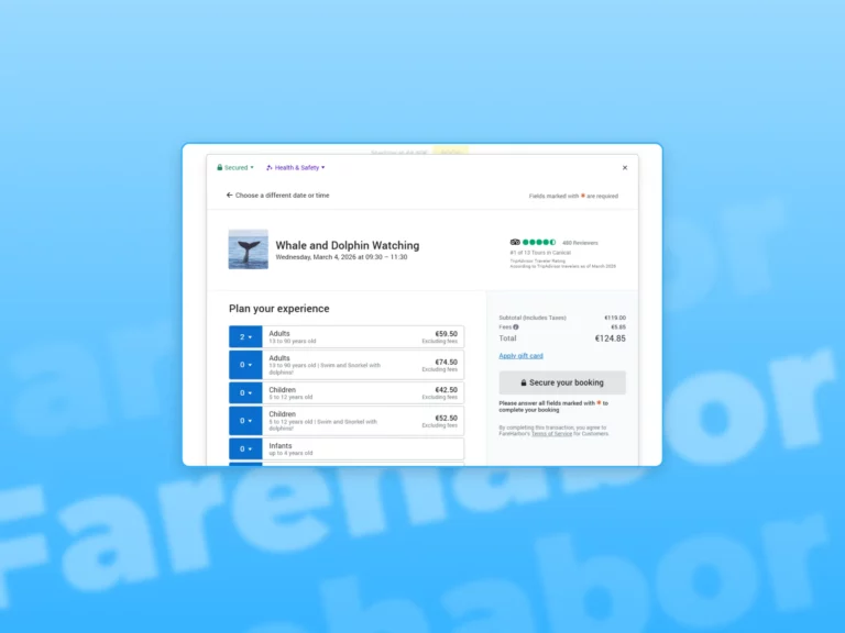 A screenshot of fareharbor technology used on the Madeira Sea Emotions website in a blue gradient background