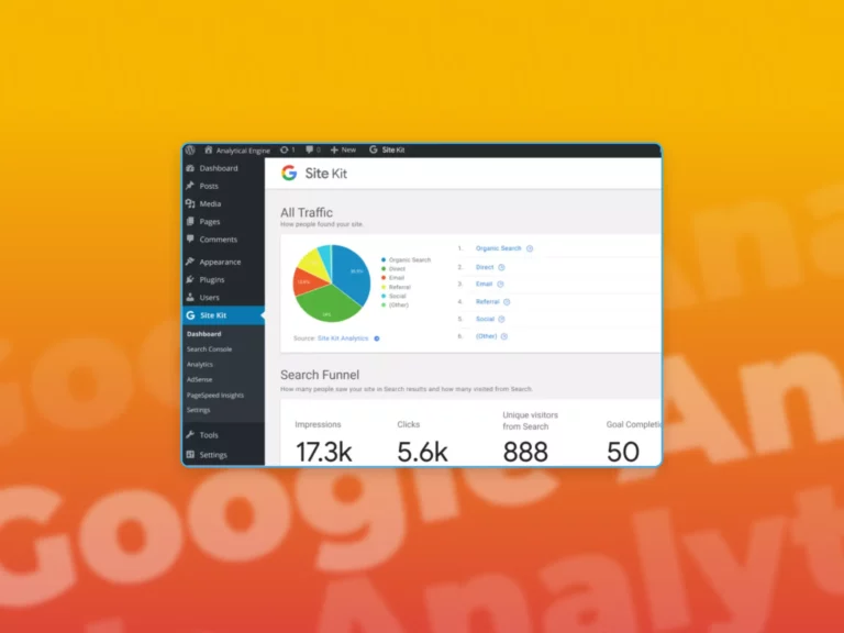A screenshot of google analytics inside Wordpress in a red and orange gradient background.