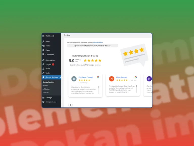 A screenshot of Google Review integrated in Wordpress with a green and red gradient in the background.