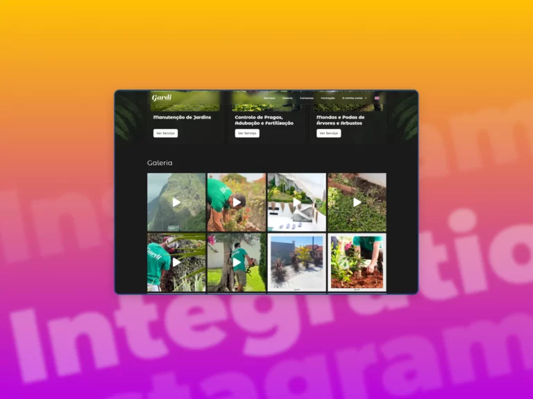 A screenshot of a instagram integration in the Wordpress Gardi.pt webpage with a purple and orange gradient in the background.