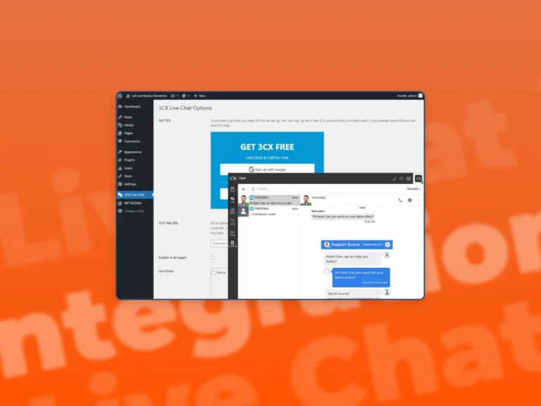 A screenshot of a Live Chat integration in the Wordpress with a orange gradient in the background.