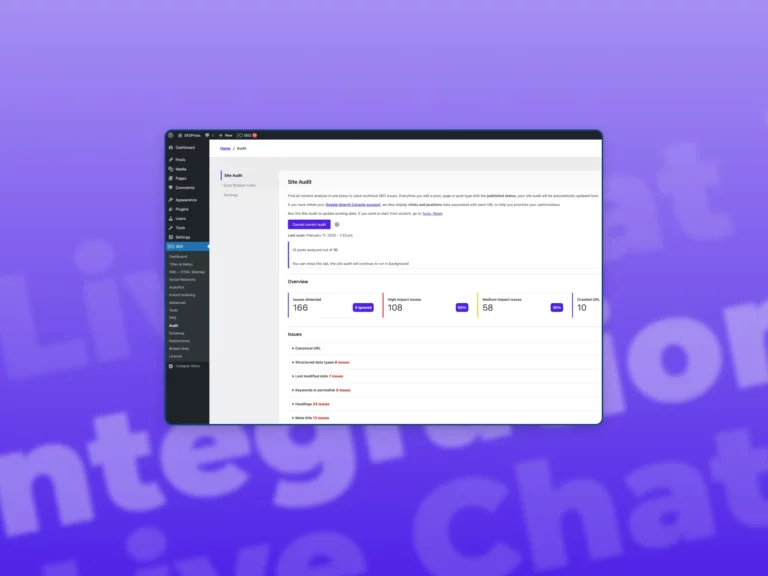 A screenshot of SEO site audit section in Wordpress with a purple gradient in the background.