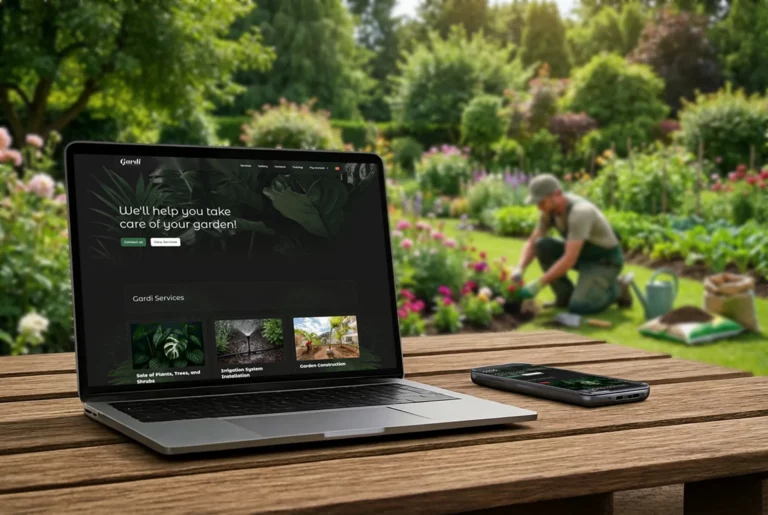A laptop and smartphone on a wooden table show the Gardi.pt homepage designed by Sevenscope in a lush garden setting.
