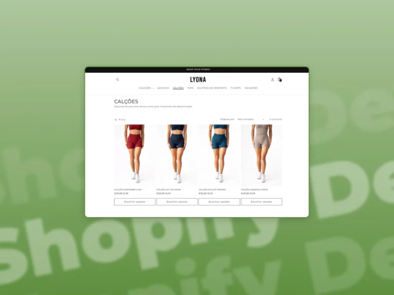 A screenshot of shopify development service used on the lyona sportswear website in a green gradient background.
