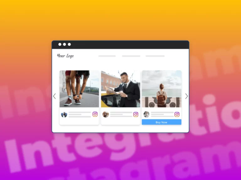 A screenshot of a shopify shop integrated in the instagram feed in a purple and orange gradient background.