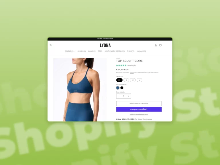 A screenshot of shopify store service used on the lyona sportswear website in a green gradient background