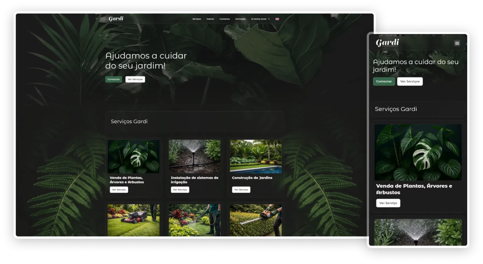 Desktop and mobile mockups of Gardi garden maintenance page with dark green background and service cards, designed by Sevenscope.