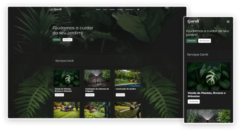 Desktop and mobile mockups of Gardi garden maintenance page with dark green background and service cards, designed by Sevenscope.