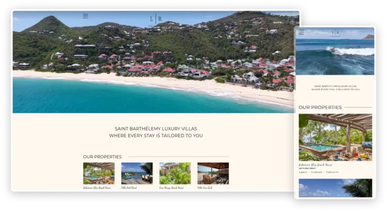Desktop and mobile mockups of The LR Group luxury villas homepage with aerial beach photo hero and property cards, designed by Sevenscope.