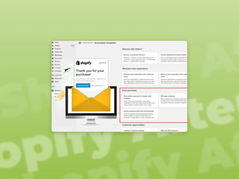 A screenshot of a Shopify After Purchase Campaign Setup in a green gradient background.