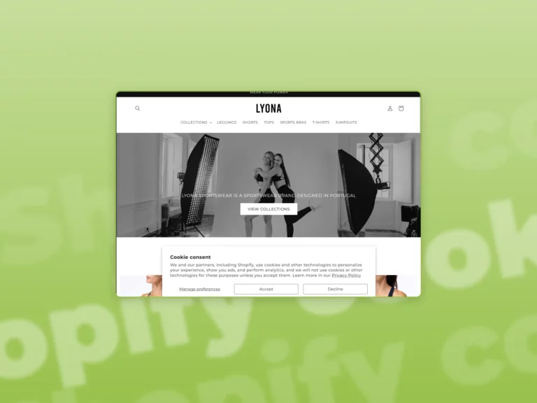 A screenshot of the lyona sportswear website coockies a shopify theme designed development by sevenscope in a green gradient background.