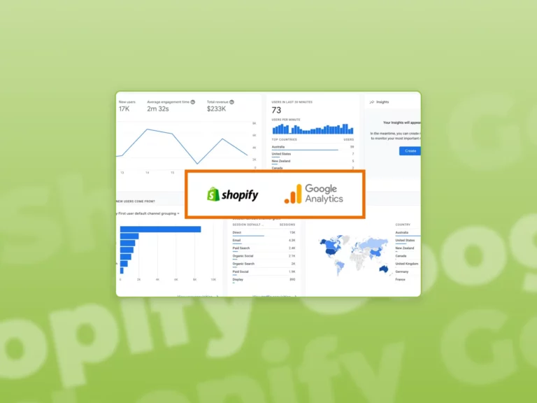 A screenshot of a Shopify Google Analytics integration in a green gradient background.