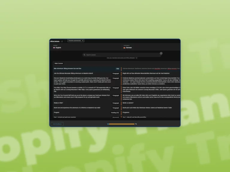A screenshot of translation section of a wordpress website in a green gradient background.
