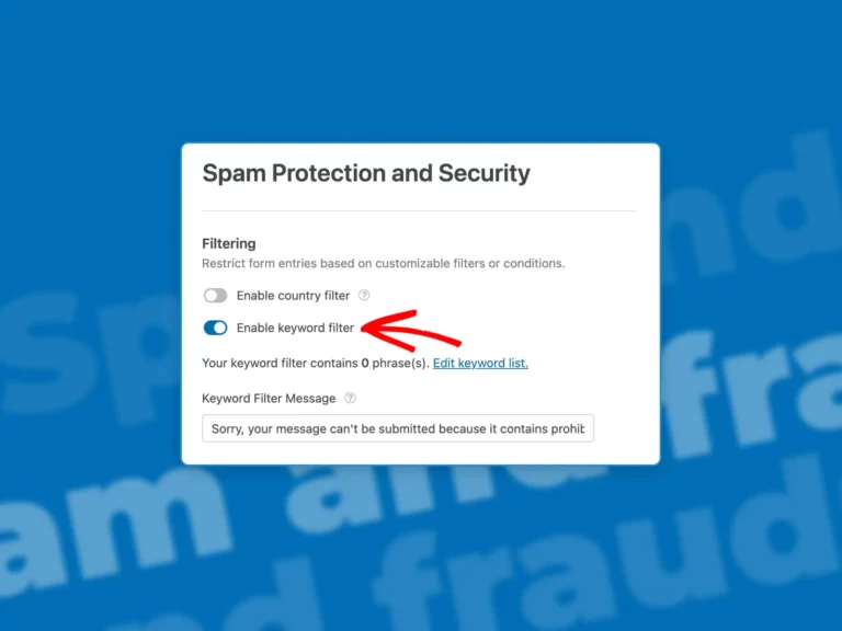 Screenshot of WPForms in wordpress Enabling keyword Filter button in a blue gradient background