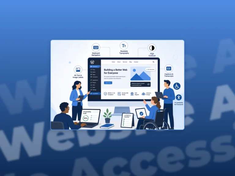 Flat illustration of a WordPress website accessibility compliance service, showing a desktop screen with accessibility icons and a team improving site usability in a blue gradient background.