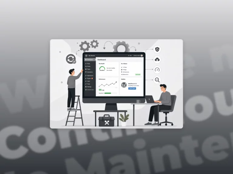 Flat illustration of two men maintaining a WordPress website dashboard, with update and performance icons around a large computer screen in a grey gradient background.