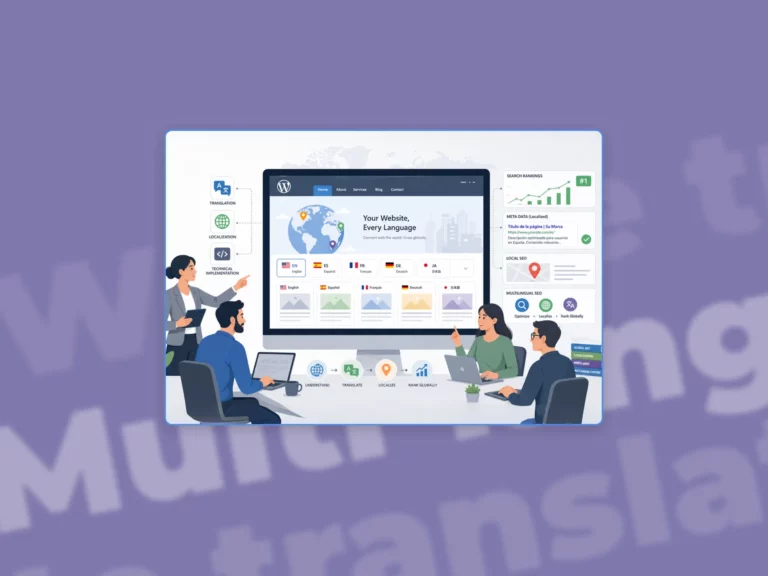 Flat illustration of a WordPress website being translated into multiple languages, with localization and SEO elements displayed on a desktop screen in a purple gradient background.