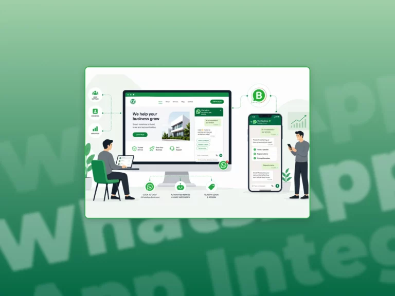 Flat illustration of two men managing a WordPress website with WhatsApp Business chat features on a large desktop screen in a green gradient background.