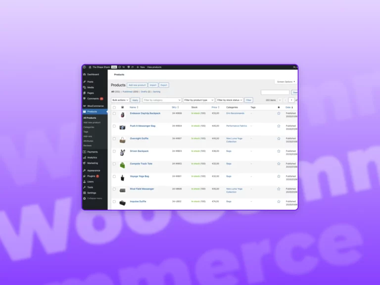 A screenshot of a list of items using a WooCommerce plugin in Wordpress with a purple gradient in the background.