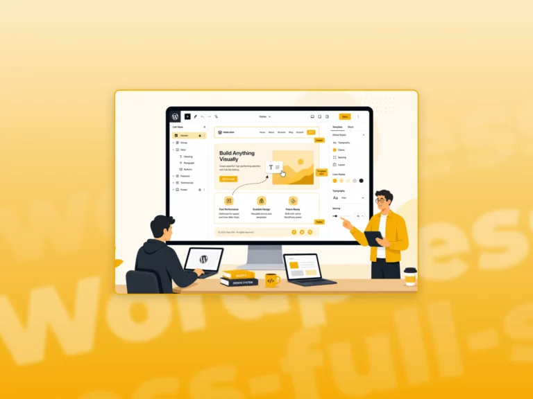 Flat illustration of men building a WordPress Full Site Editing layout on a desktop screen in a yellow gradient background.