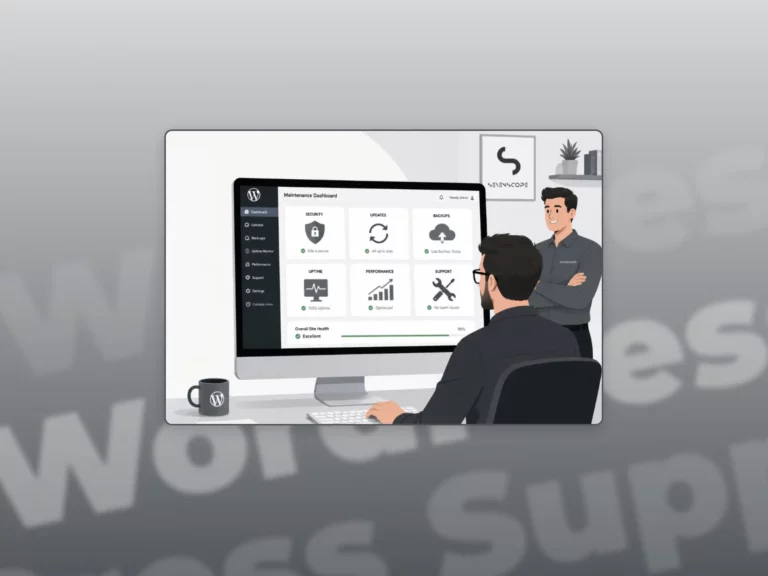 Flat illustration of men managing WordPress website support and maintenance on a desktop screen with security, update, and performance icons in a grey gradient background.