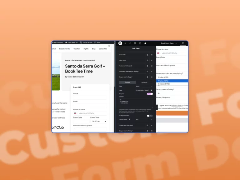 A screenshot of a custom form made for EverSoulMadeira Santo da Serra golf experience page with a orange gradient in the background.