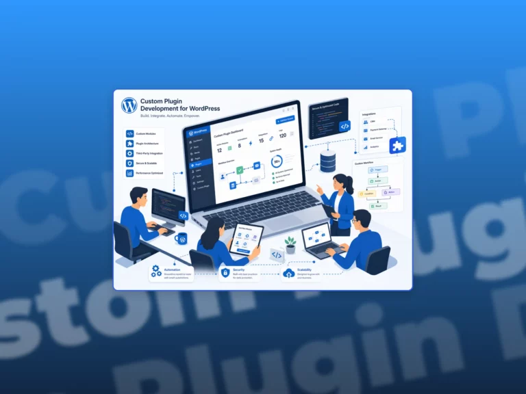 : Flat illustration of a computer screen displaying custom WordPress plugin blocks, connected tools, and workflow elements, with a small team developing the system in a blue gradient background