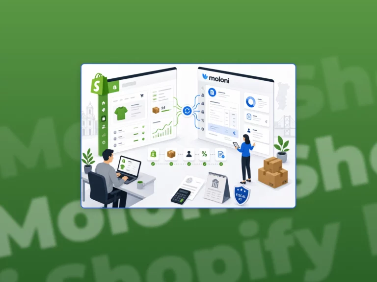 Flat illustration of Shopify and Moloni integration with automated invoices, synced store data, inventory elements, and two people working around the dashboard in a green gradient background.