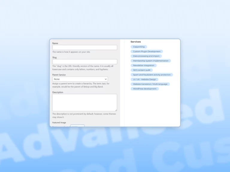Screenshot of Sevenscope Services Advanced Custom Foelds (ACF) in a blue gradient background
