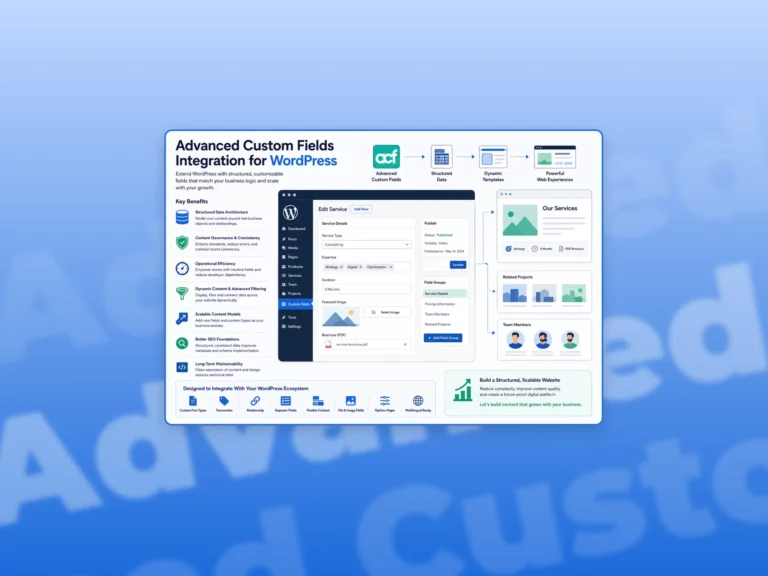 Flat illustration of Advanced Custom Fields integration in WordPress, showing structured content fields, dynamic templates, related content connectionsin a blue gradient background