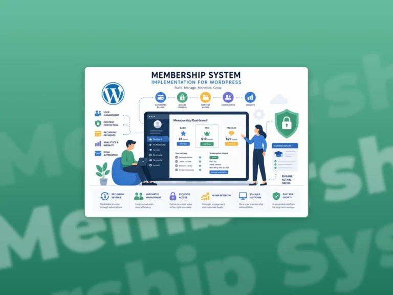 Flat illustration of a WordPress membership system showing subscription plans, recurring payments, secure content access, user management, analytics, and automated membership workflows. in a green gradient background.