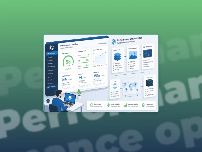 Flat illustration of an angled WordPress dashboard with speed gauges, caching layers, optimized images, server icons, and two male developers improving site performance in a blue and green gradient background.