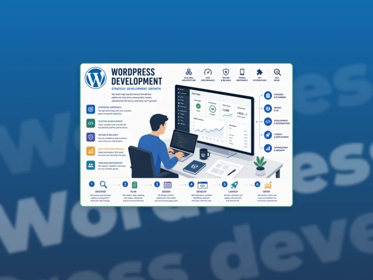 Flat illustration of WordPress development showing a developer building a high-performance website with strategy, optimization and scalable business growth, in a blue gradient background